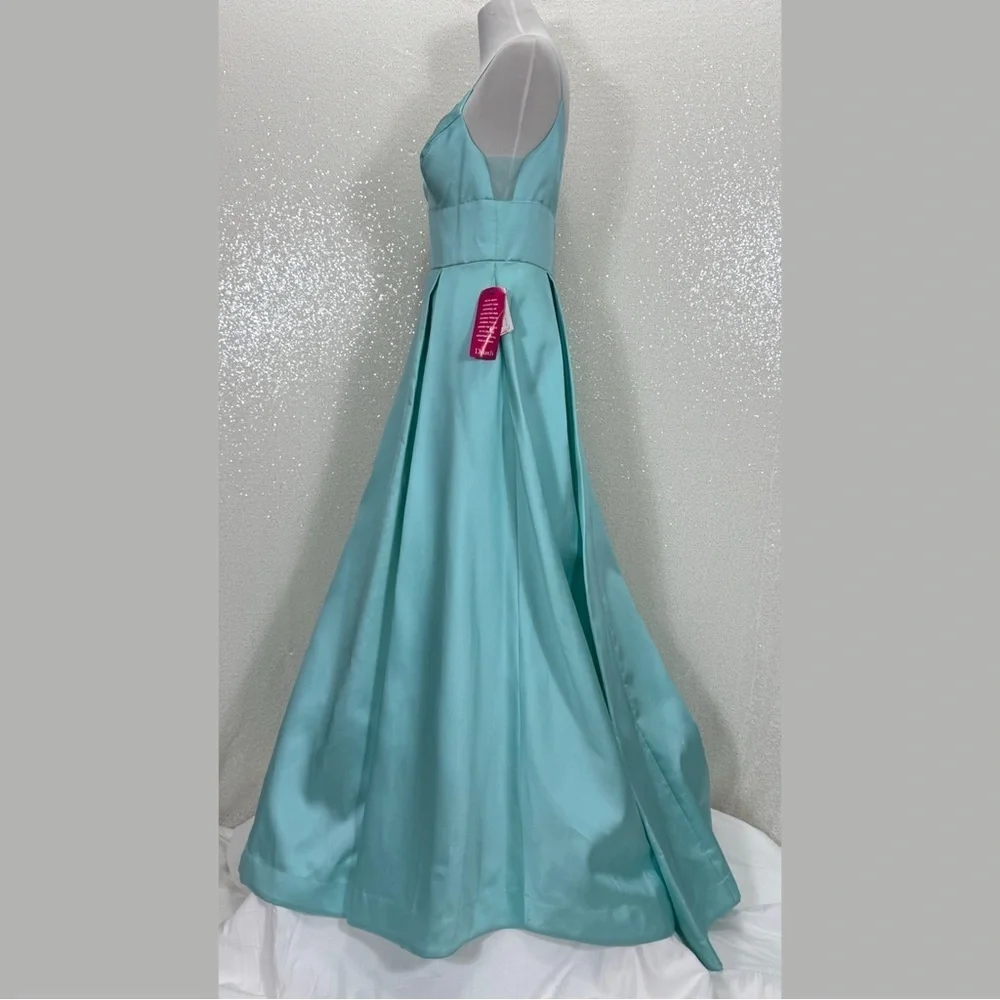 B. Darlin Aqua Teal Satin Maxi Gown Dress Size 11/12 Formal Prom
